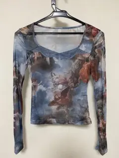シアー シースルー メッシュ 神話的絵画 プリント長袖 トップス バロック S