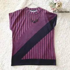 F.T. Collection ストライプ五分袖トップス 紫黒 アクリルポリ