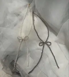 【美品】リボンチョーカー　ネックレス　グレー