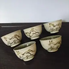 NO511 相馬駒焼　田代法橋　相馬焼　湯呑み5点　馬絵 NO511 相馬駒焼 田代法橋 相馬焼 湯呑み5点 馬絵 NO511 相馬駒焼