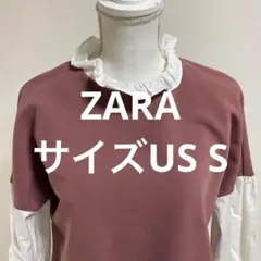 ZARA フリル付きブラウンホワイトトップス ブラウス(506)