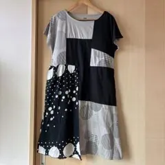 パッチワーク 半袖 ひざ丈ワンピース