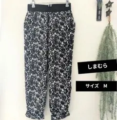 しまむら　柄パンツ　М　黒　ウエスト総ゴム　クロップド丈