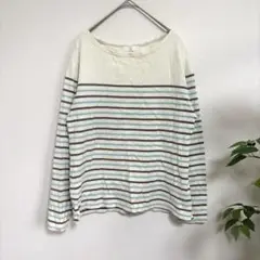 ゆったりサイズ　ボーダーカットソー　長袖　緑　大人カジュアル　通勤服　LL 良品