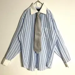 ストライプ長袖シャツ L × シルクネクタイ 青 水色 白 古着