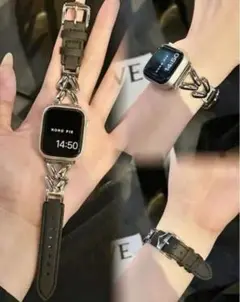 38/40/41mm アップルウォッチ　ブラウン シルバー　レザーチェーンベルト