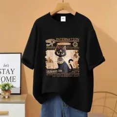 黒 綿 エジプト風 猫柄 Tシャツ サイズ：4XL