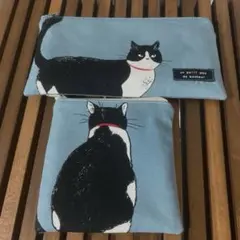ハンドメイド ハチワレ猫ちゃん フラットポーチ2点 猫柄 ドット