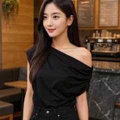 XL　細見え ドレープネック カットソー XL ブラック 大人きれいめ 韓国風」