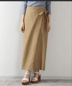 ローリーズファームカーキ リネン風 ラップスカート美品タイトリボンフリーゴム麻
