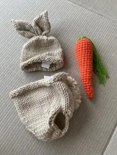 ウサギ耳ニット帽・服・ニンジンおもちゃセット