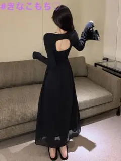 ロングワンピース スリム 韓国 ドレス 背中セクシー 秋 冬 黒色