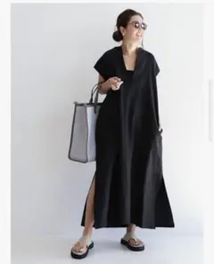 美品◆ブラック　リネンリラックスカフタンワンピース .Mライン 38