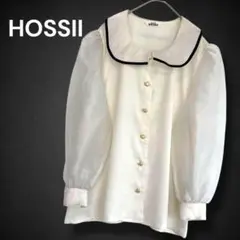 【HOSSII】パイピングビックカラーシースルー袖ブラウス　アイボリー 透け感