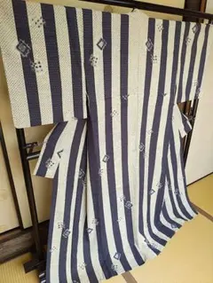 SK-7/36　夏着物　洗える　象牙色/紺　ストライプ　小紋　ロング丈165美品