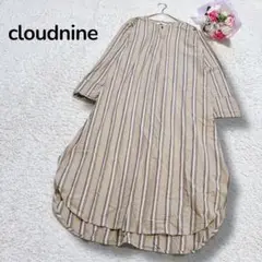 【cloudnine】バンドカラー　ストライプ長袖シャツワンピース　ゆったりML