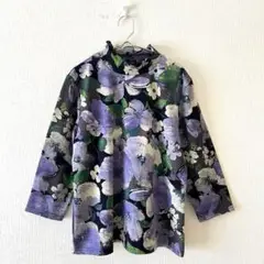 ☆【Move Plate】カットソー ハイネックフリル 7分袖 花柄 総柄 L