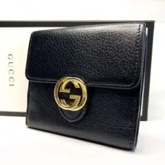 極美品 グッチ 二つ折り財布 インターロッキング GG ブラック レザー
