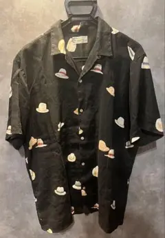 希少 美品 papas パパス リネン アロハシャツ ハット柄 ブラック