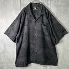高級シルク 総柄 アロハシャツ 刺繍 炭黒 チャコール 開襟 木ボタン XL