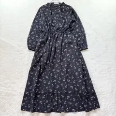 k1557【ショコラフィネローブ】F 黒 花柄 ワンピース ロング丈 春秋
