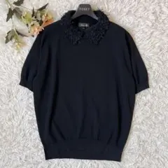 DRAWER ドゥロワー 16G エリ フリンジ ショート スリーブ ニット