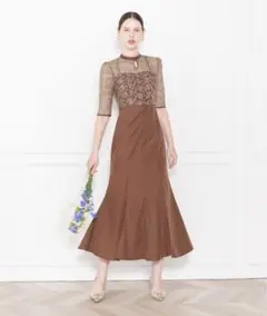【Leja】レース花柄透け切り替えロング丈マーメイドフレアワンピースドレス