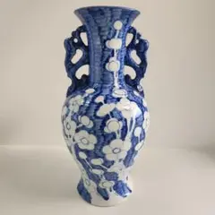 西尾瑞豊 瑞豊造 染付 高砂 双魚耳 鯉耳付 花入 花瓶 花生 飾り壺 共箱 西尾瑞豊 瑞豊造 染付 高砂 双魚耳 鯉耳付 花入