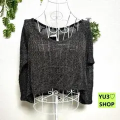 新品！クリア 黒 ラメ入り 長袖 シアー クロップドニットトップス M