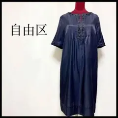 自由区 カフタン ワンピース 半袖 ビジュ オルガンプリーツ 綿麻 紺 M