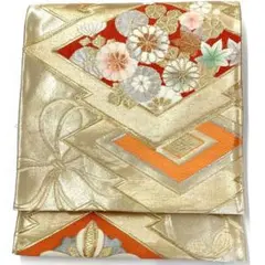 ［4729］袋帯 草花文様 駒刺繍 六通 金彩 正絹 着物 フォーマル