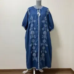 アミナ　ロングワンピース　ブルー　青　刺繍　綿　麻　ステッチ　ポケット　夏