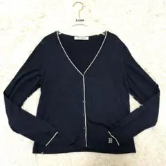 【美品】BALMAIN バルマン ブランドロゴ刺繍 長袖 カーディガン シルク紺