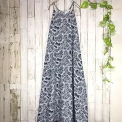 サマードレス 【FREE相当】 ロング 総柄 背中開き バカンス ネイビーブルー