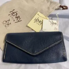 袋付き! アンリークイール 刺繍 犬 ステッチ 長財布 ネイビー ユニセックス