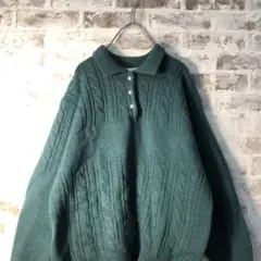 【ヴィンテージ】ケーブル編み ウールデザインポロニット 古着used AS111