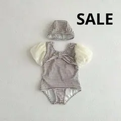 ベビー　水着　90 チェック柄　フリル　帽子付き　可愛い　海　プール　新品