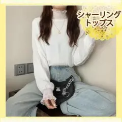 M 白 ブラウス シアー シフォン シャーリング トップス フレア袖 春