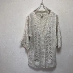 【daytrip 】アイボリー レース編みカーディガン 五分袖 前開き【L】
