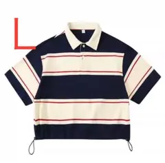 レディース Tシャツ ポロシャツ ショート丈 ボーダー ストライプ 韓国 L