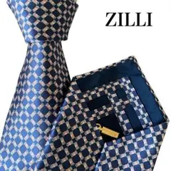 極美品 ZILLI ジリー ネクタイ ロゴ金具 ネイビー 肉厚生地 極上の逸品