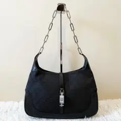 美品 グッチ ジャッキー ハンドバッグ 肩かけ可 鎖 GGキャンバス 黒