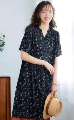 花柄　シャツワンピース　3L ネイビー系