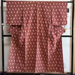 ■E4507■アンティーク■正絹■蘇芳色　花模様　単衣　お召着物■裄丈62.5