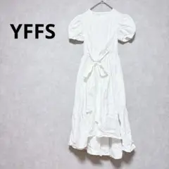 YFFS　ロングドレス　ロングワンピース　パフスリーブ　フロントリボン　ホワイト