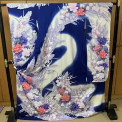 振袖⑨ ネイビー 青 花柄 美品 正絹