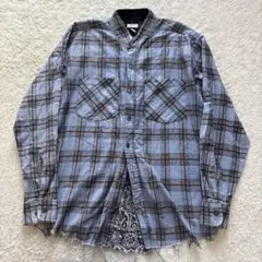 オールドパーク　バンダナドッキングリメイクシャツ　カットオフ　　ブルー　チェック