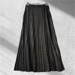 美品☆ジーナシス 黒 細プリーツスカート F ロングスカート ウエストゴム