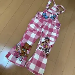 グラグラ　動物刺繍 ピンクチェック オーバーオール