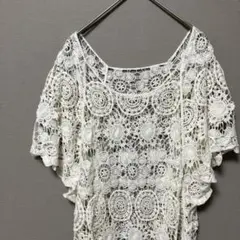 comme moi クロシェ編みドルマンニット(M〜L)オフホワイト　透かし編み
